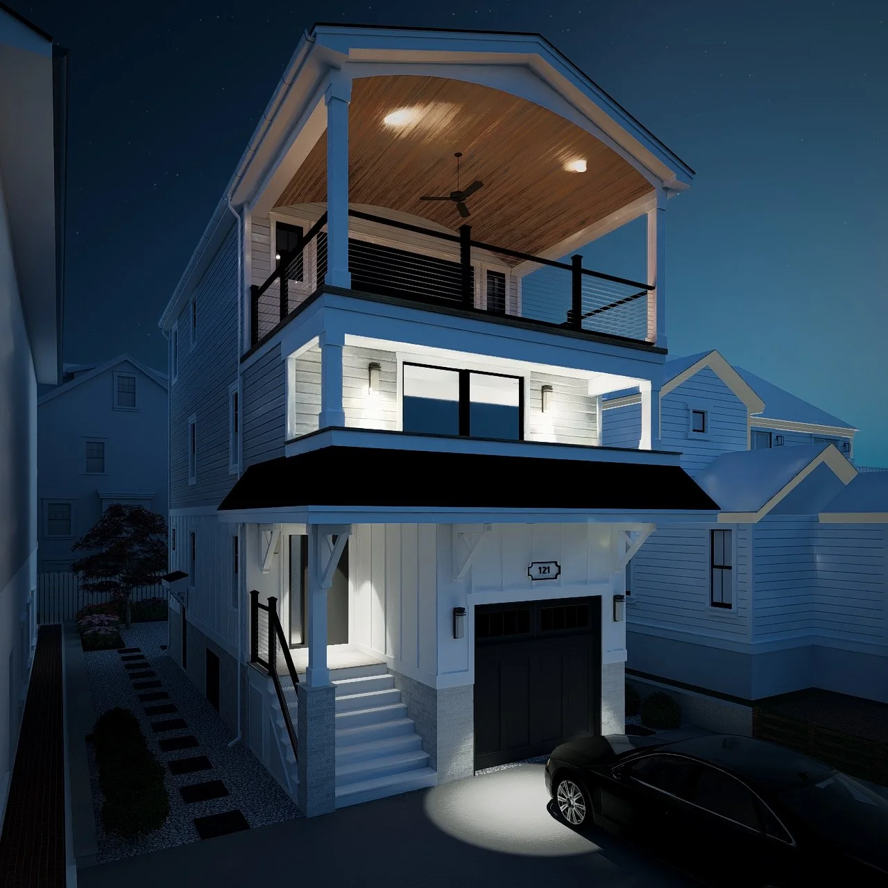 Nighttime view of a modern, three-story house with white siding, an illuminated front porch, balcony on the second floor, and a garage with a sleek black car parked outside.