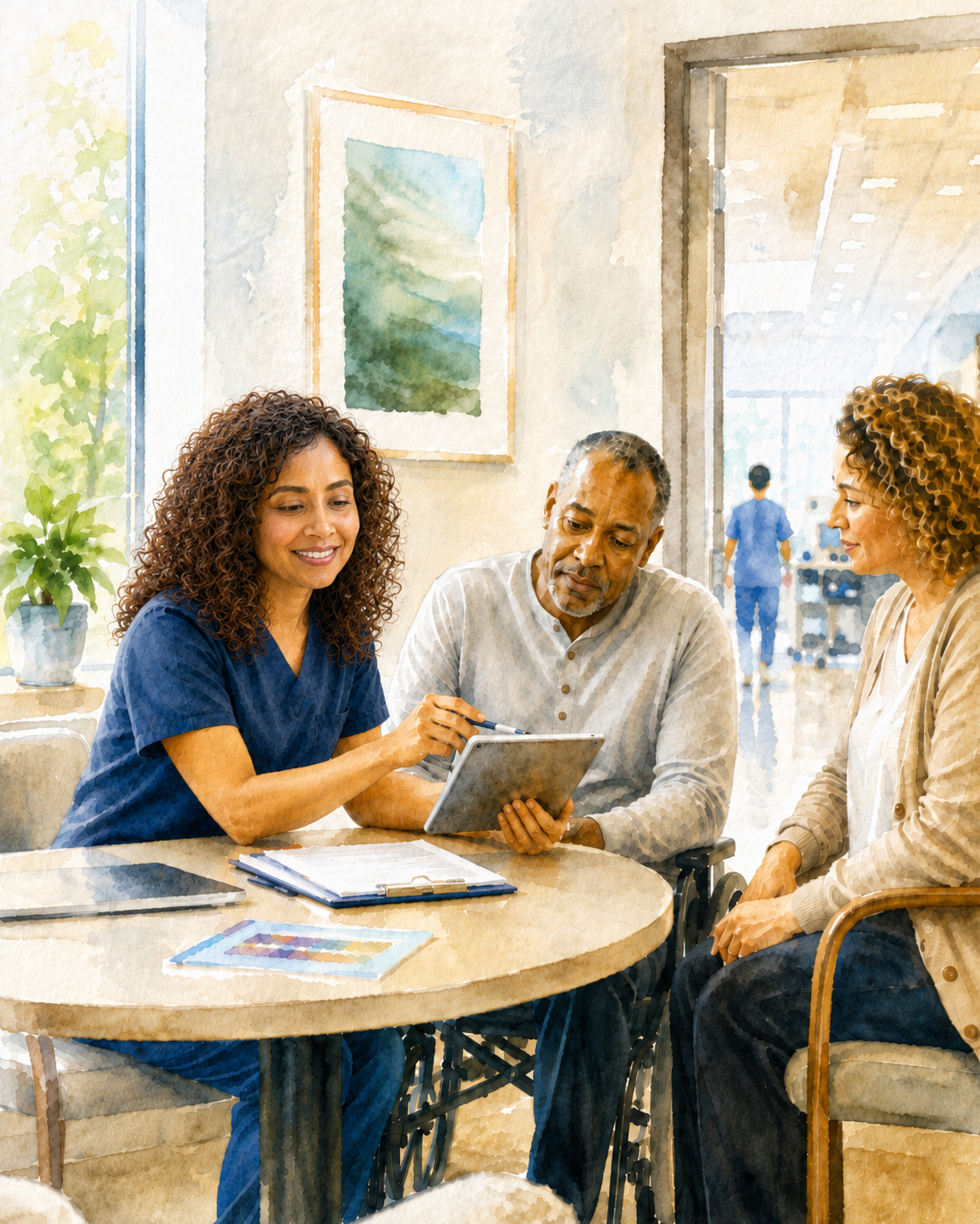 Illustration of a dentist reviewing a care plan with a patient and caregiver
