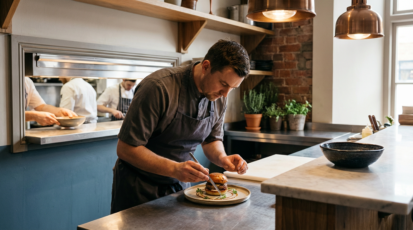 A chef is garnishing a plated burger with sauce in a cozy, modern restaurant kitchen with potted plants and warm lighting.