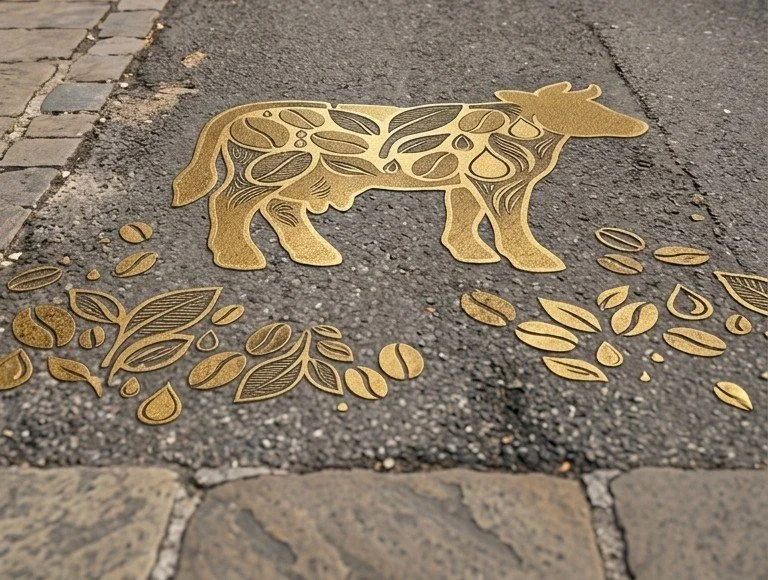 Street art of a cow made of cutout shapes with coffee beans and leaves on the pavement.