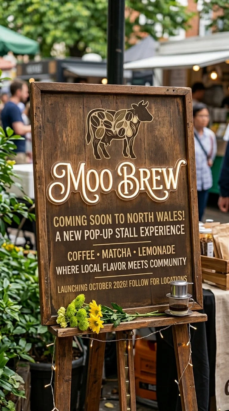 Wooden sign advertising Moo Brew, a new pop-up stall opening in North Wales in October 2026, serving coffee, matcha, and lemonade, with a cow illustration made of leaf shapes and flowers at the base.