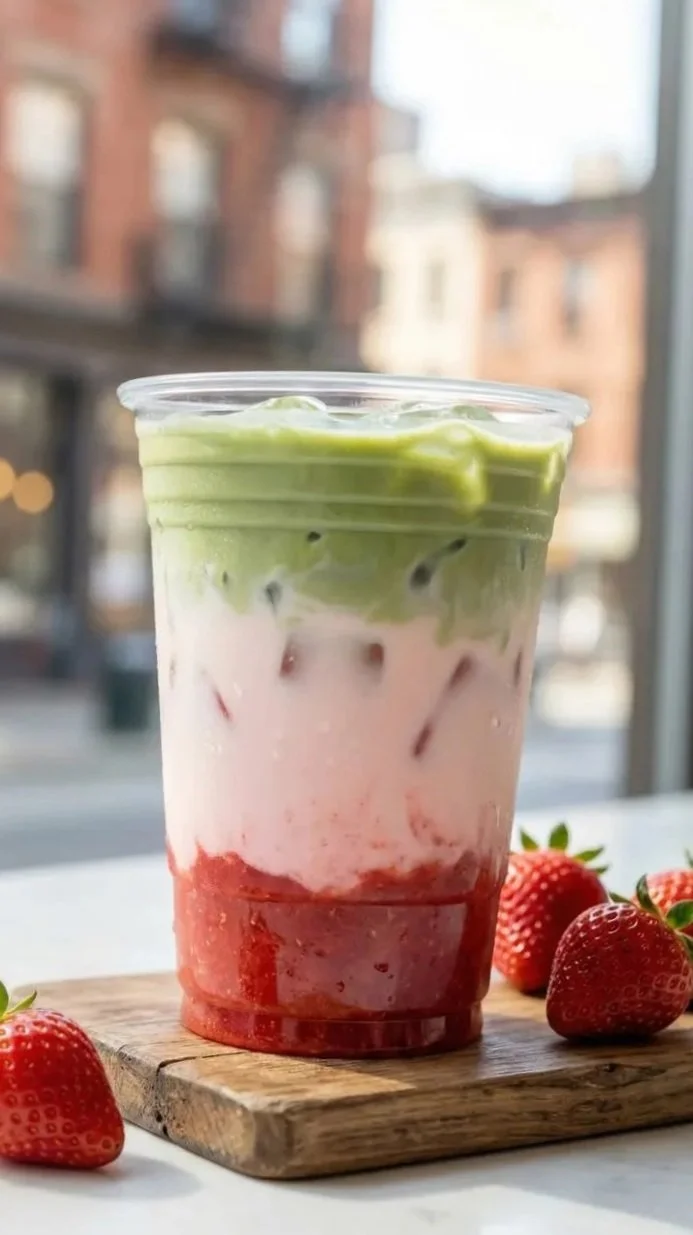 Layered strawberry, milk, and matcha beverage with strawberries on a wooden board.