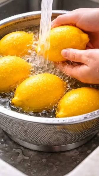 Person rinsing yellow mangoes in a stainless steel colander under running water.