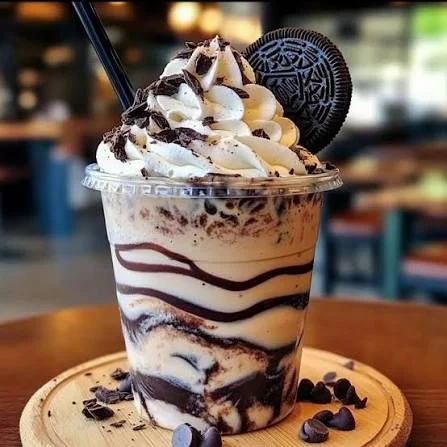 Chocolate and vanilla ice cream sundae with whipped cream, chocolate sauce, an Oreo cookie on top, and a black straw in a clear plastic cup