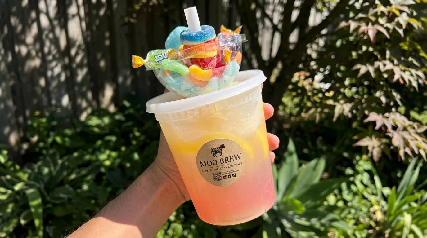 Hand holding a colorful beverage with lemon slices and a bowl of gummy candies on top, in front of green foliage.