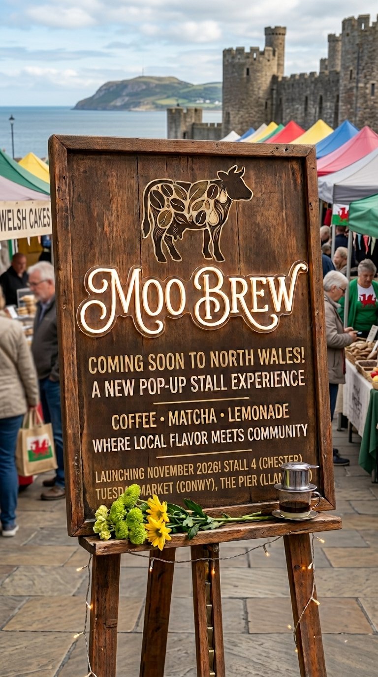 Wooden sign announcing Moo Brew opening soon in North Wales, offering coffee, matcha, and lemonade, at a local market with colorful tents and a castle in the background.