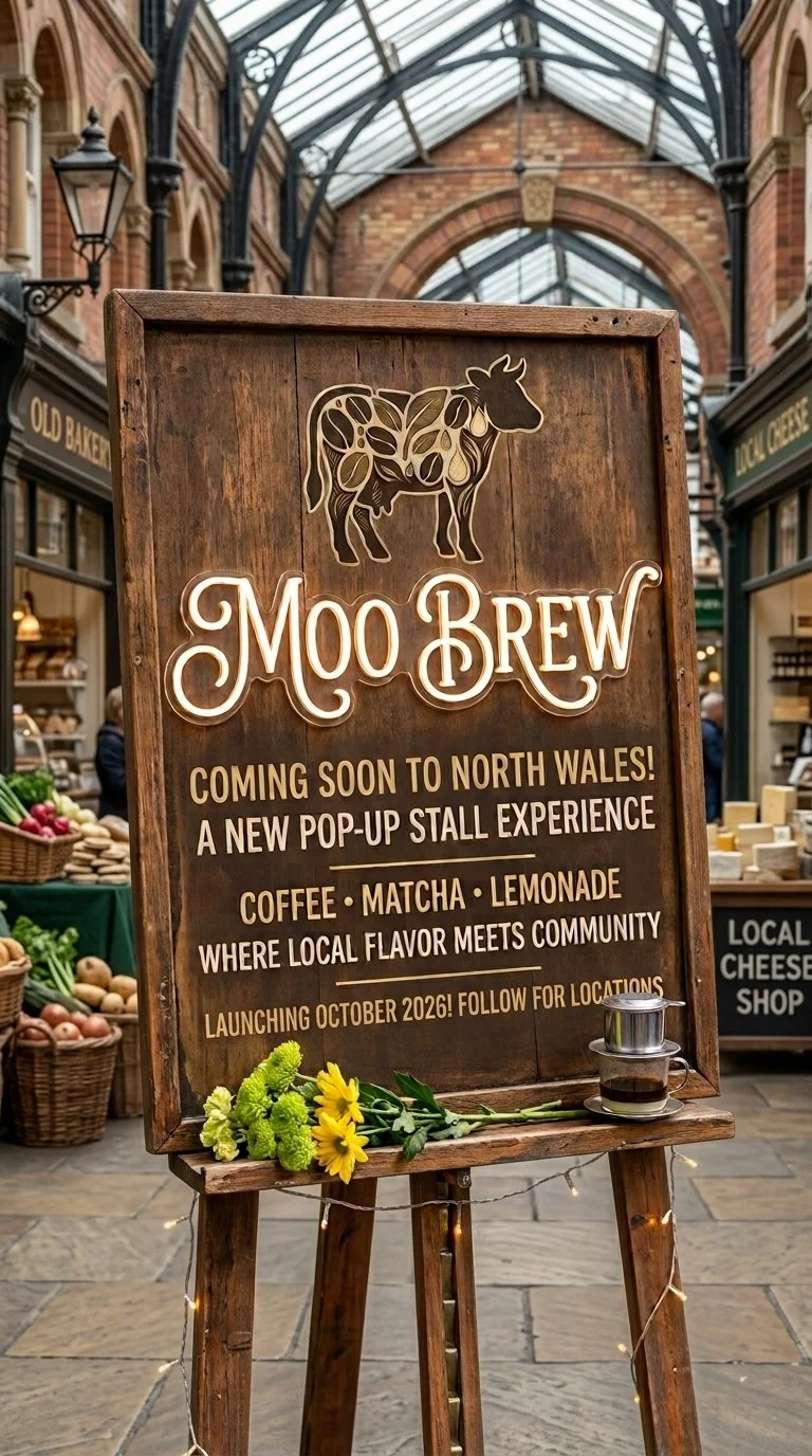 Wooden sign announcement for Moo Brew, a new pop-up stall experience offering coffee, matcha, and lemonade, launching in North Wales in October 2026, with flowers and a coffee filter on the stand.