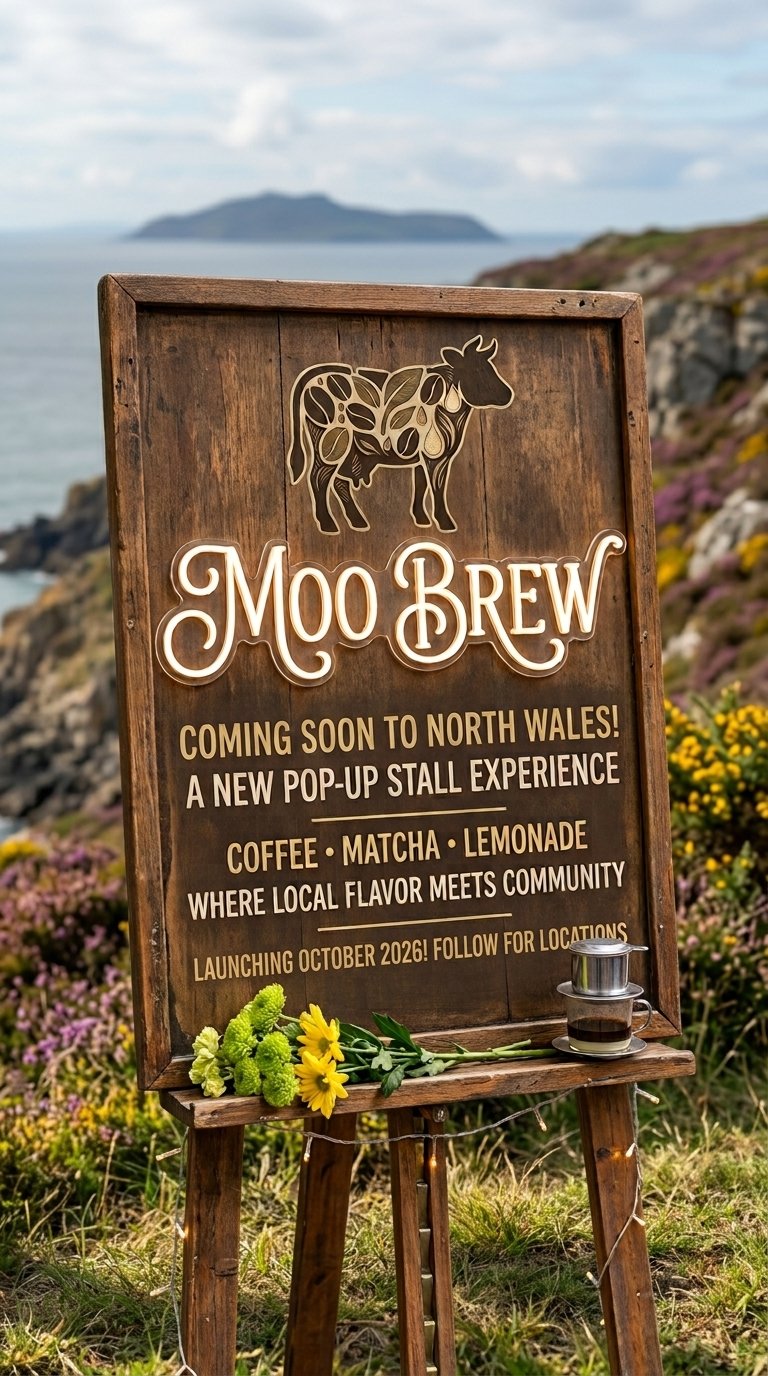 A wooden signboard promoting Moo Brew, a pop-up stall offering coffee, matcha, and lemonade, set in a scenic outdoor location with flowers and a coastline in the background.