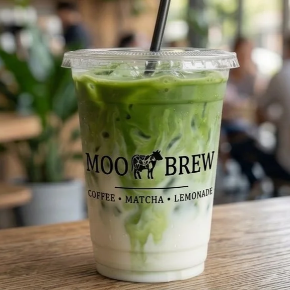 A plastic cup filled with a layered matcha latte, showing a swirl of green matcha and white milk, with a black straw and the Moo Brew logo on the front, placed on a wooden table.