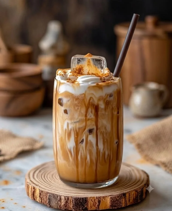 A glass of iced caramel frappuccino with whipped cream, caramel drizzle, and a chocolate straw on a wooden coaster on a marble surface.