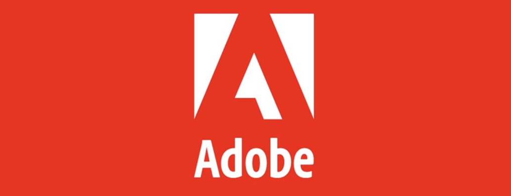 Adobe Logo mit roten Hintergrund, weißes A-Symbol und grauer Schrift 'Adobe' darunter.