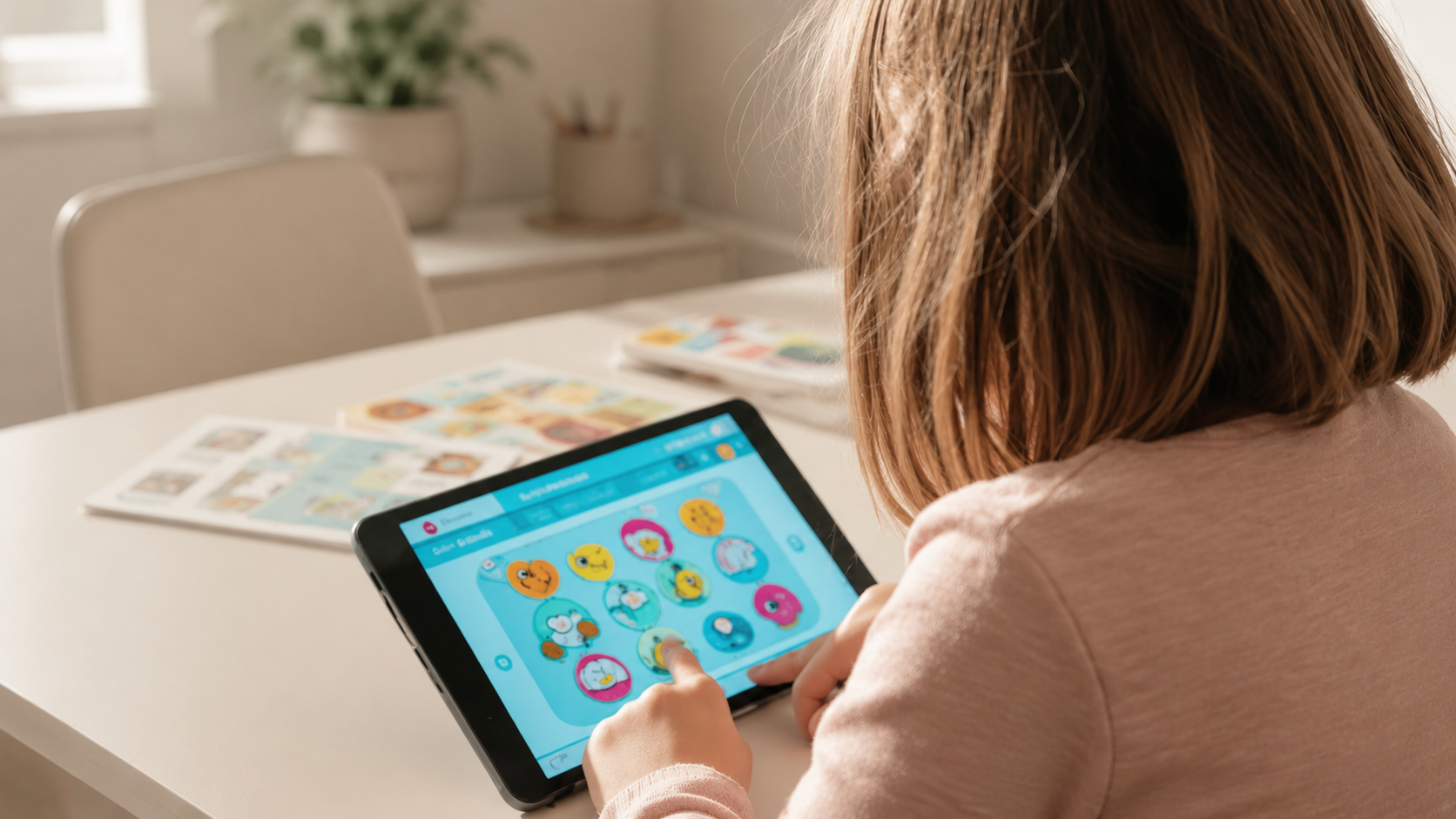 Child using a tablet with colorful cartoon animal stickers on a blue background, sitting at a white table with children's books or workbooks in the background.