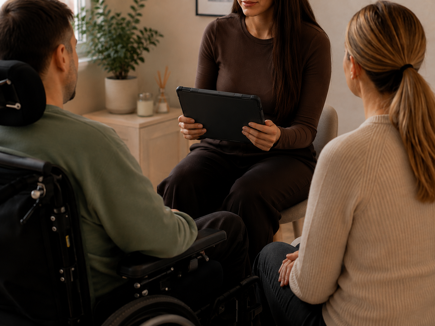 A woman seated on a chair holding a tablet, talking to a man in a wheelchair and a woman sitting beside her, in a therapy or counseling session.