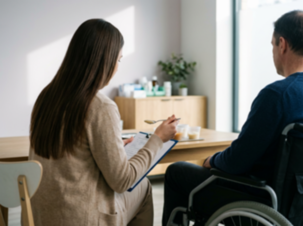 A woman taking notes during a consultation with a man in a wheelchair in a bright, modern room.