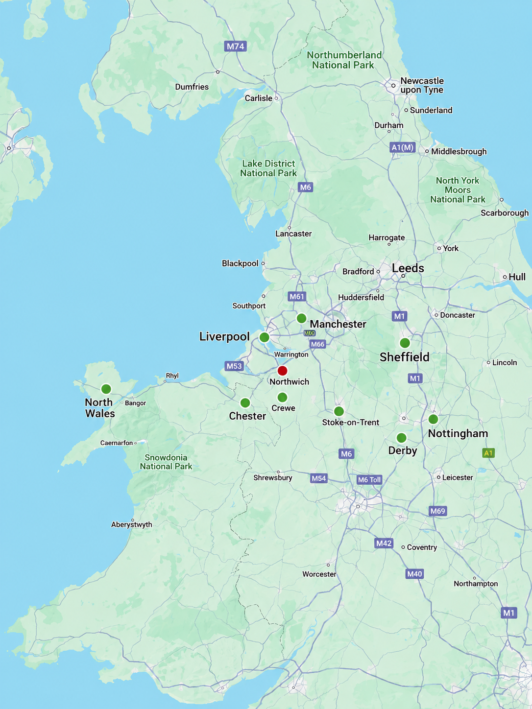 Map of northern England showing cities like Liverpool, Manchester, Sheffield, Nottingham, and Leeds, with marked locations including North Wales, Chester, Northwich, and others, along with national parks such as Snowdonia and Northumberland.