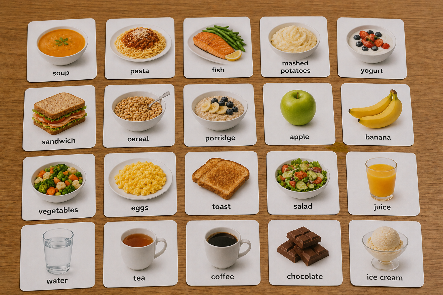 A collection of food and drink items on white cards, including soup, pasta, fish, mashed potatoes, yogurt, sandwich, cereal, porridge, apple, banana, vegetables, eggs, toast, salad, juice, water, tea, coffee, chocolate, and ice cream.