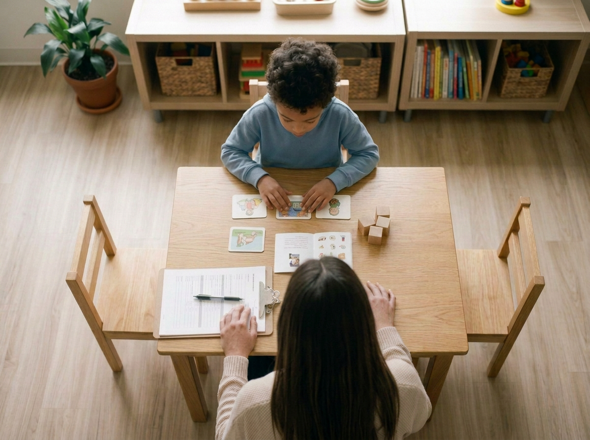 A boy playing a card game at a wooden table with a woman, likely his teacher or guardian, in a classroom or playroom setting with shelves of books and toys in the background.