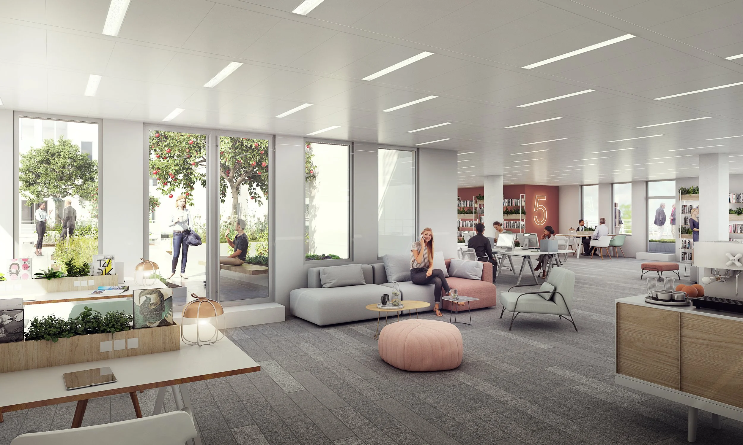 Proposition d'aménagement et de mobilier en fonction des usages des bureaux.