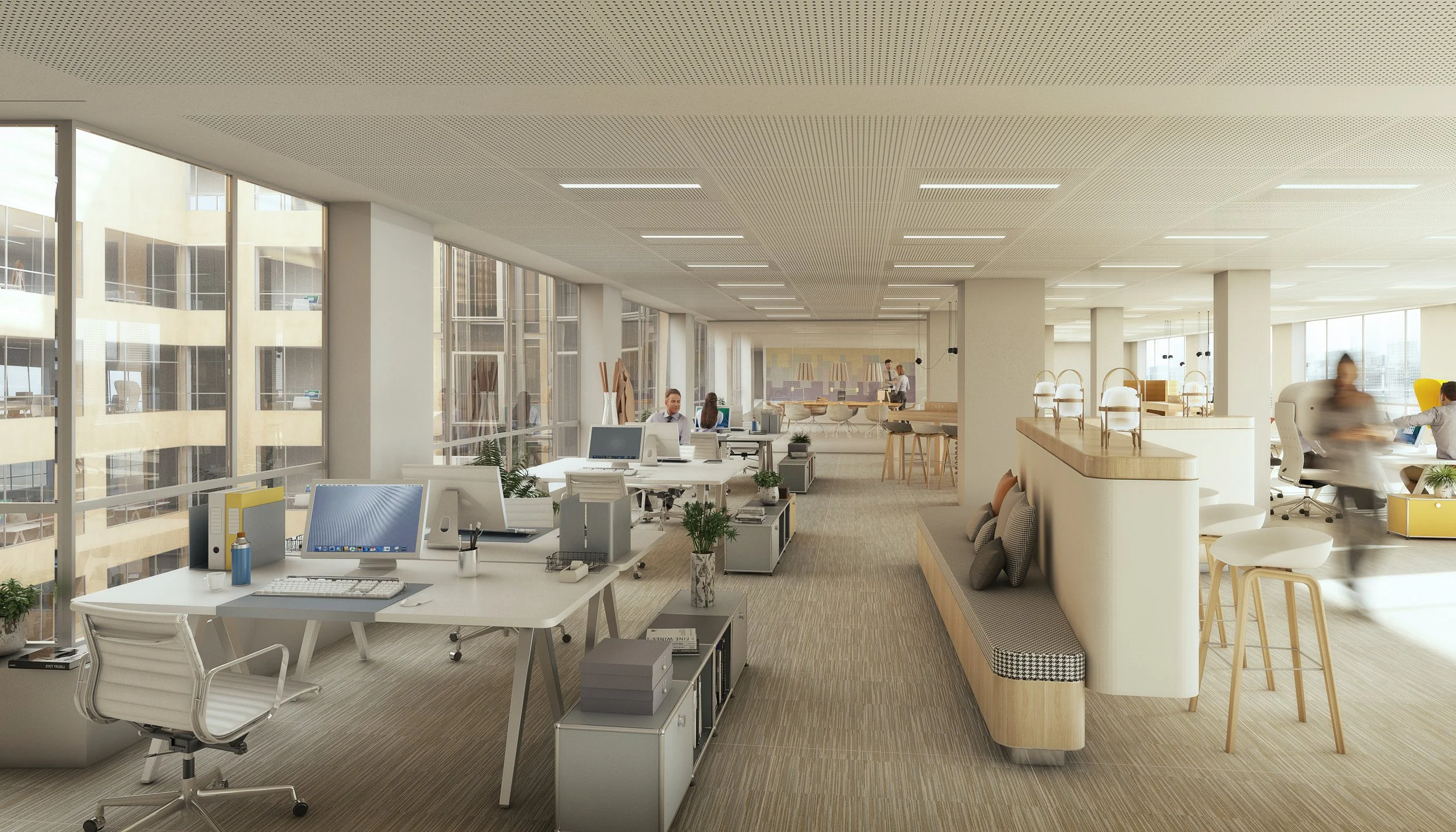 Proposition d'aménagement des espaces partagés de bureau en tenant compte des futurs usages et besoins. 