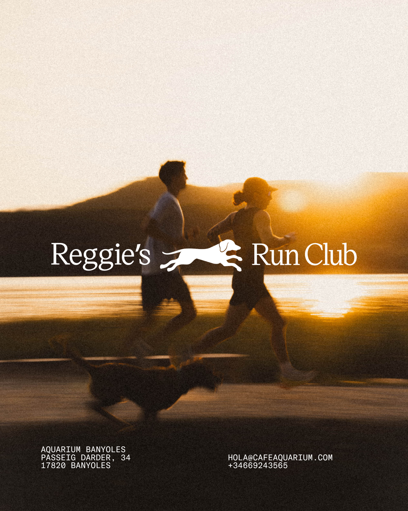 A person taking a selfie in front of a reflection of an indoor aquarium or zoo exhibit, with text overlay for Reggie's Run Club, featuring a silhouette of a running dog and contact information for an aquatics business in Banyoles.