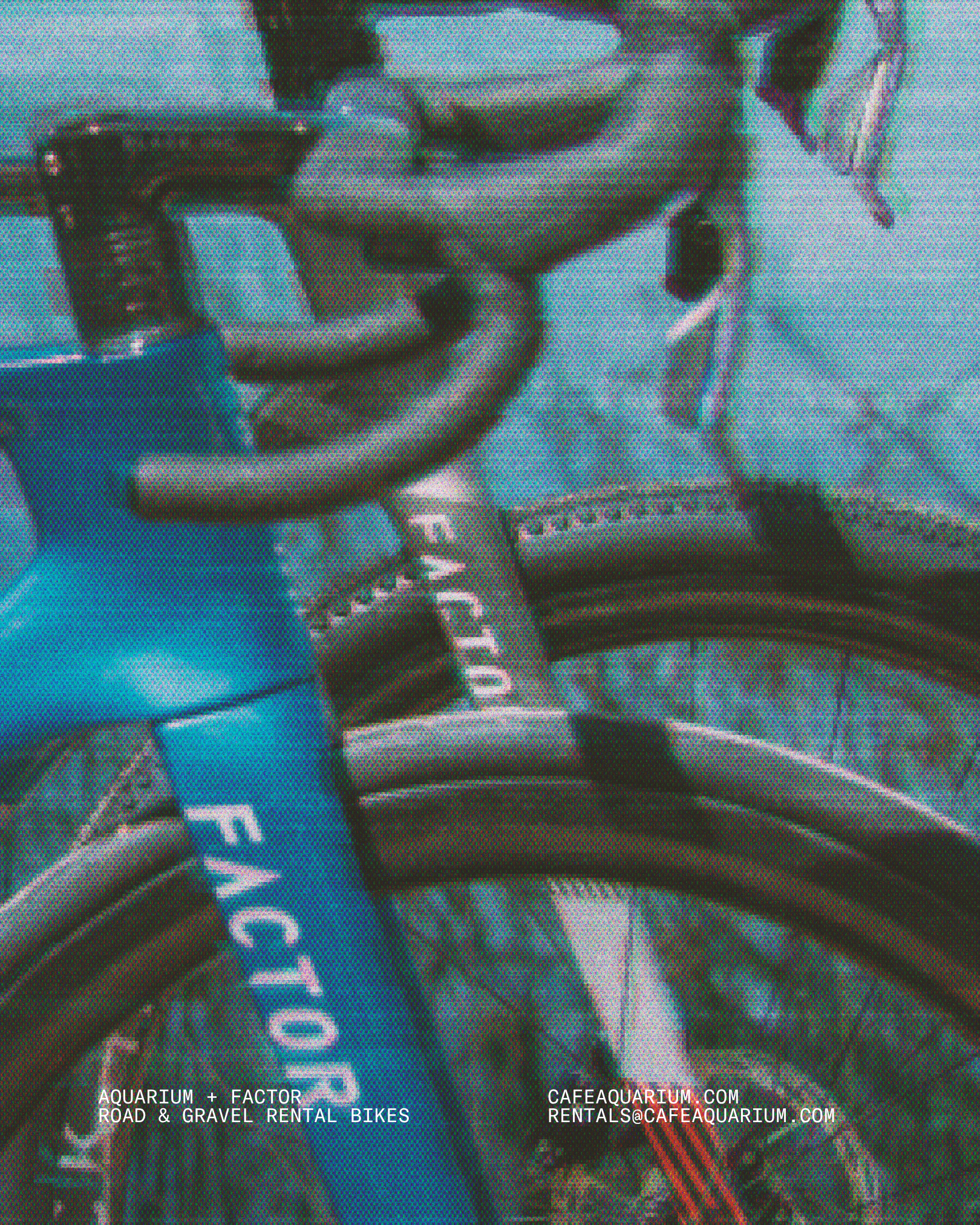 Close-up of a hand holding a black mountain bike handlebar with a gear shift and brake lever, behind a black road bike handlebar with drop bars and gear shifters, all on a gravel surface with a grid pattern in the background. Text overlay reads "Aquarium + Factor Road & Gravel Rental Bikes" and "CafeAquarium.com Rentals@CafeAquarium.com."