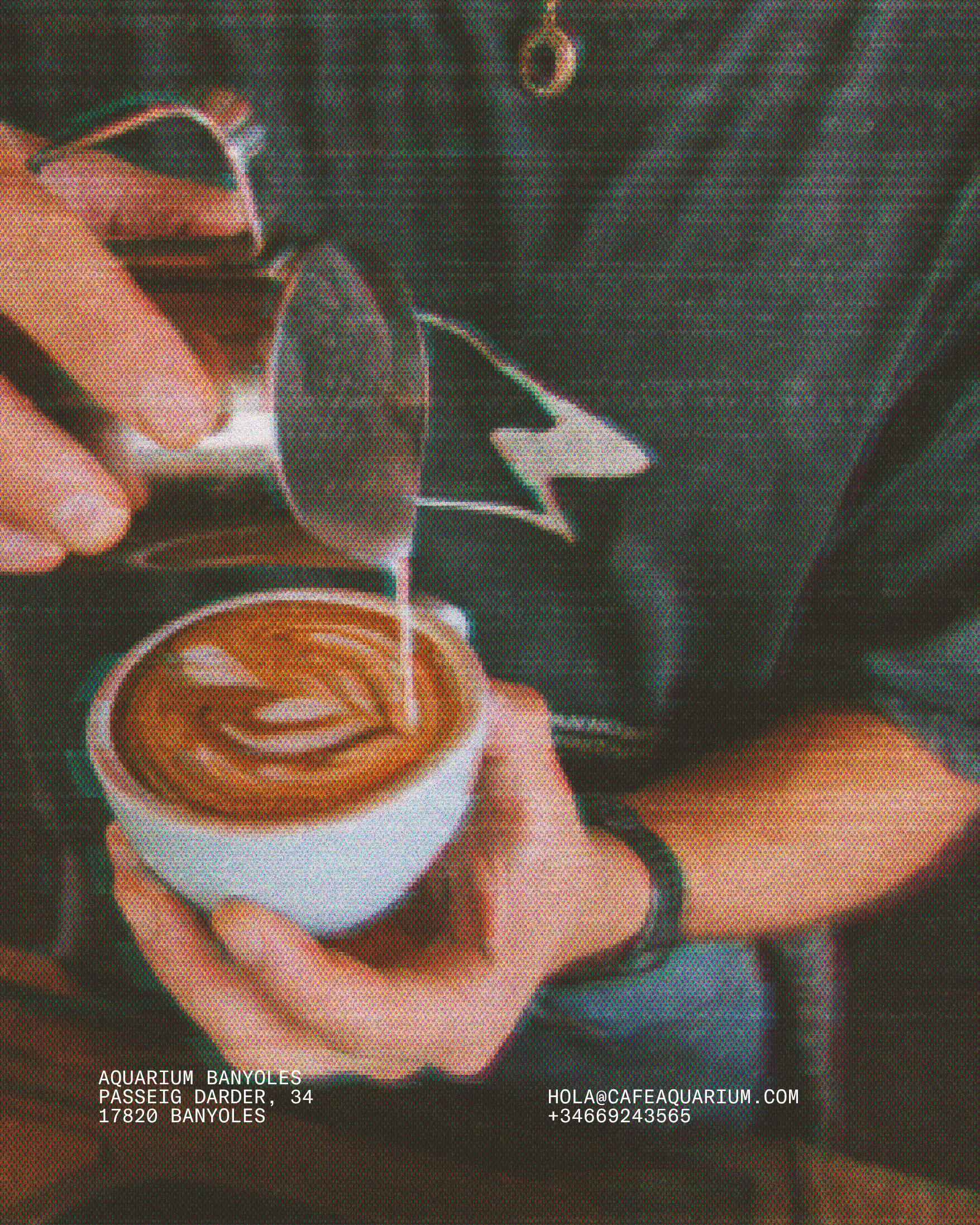 Close-up of a person holding a drink with a foam topping, sitting at a table. In the background, there are dark wooden planks. The person is wearing a dark jacket and a ring on their finger. There is text overlay at the bottom with contact information for an aquarium in Banyoles, Spain.
