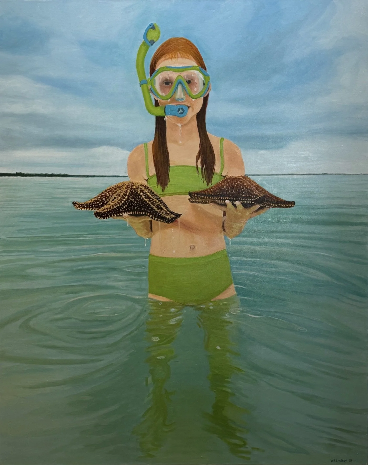 Olivia: Catch and Release, a painting of a young snorkeler holding two starfish in shallow water by Debbie Lindsey