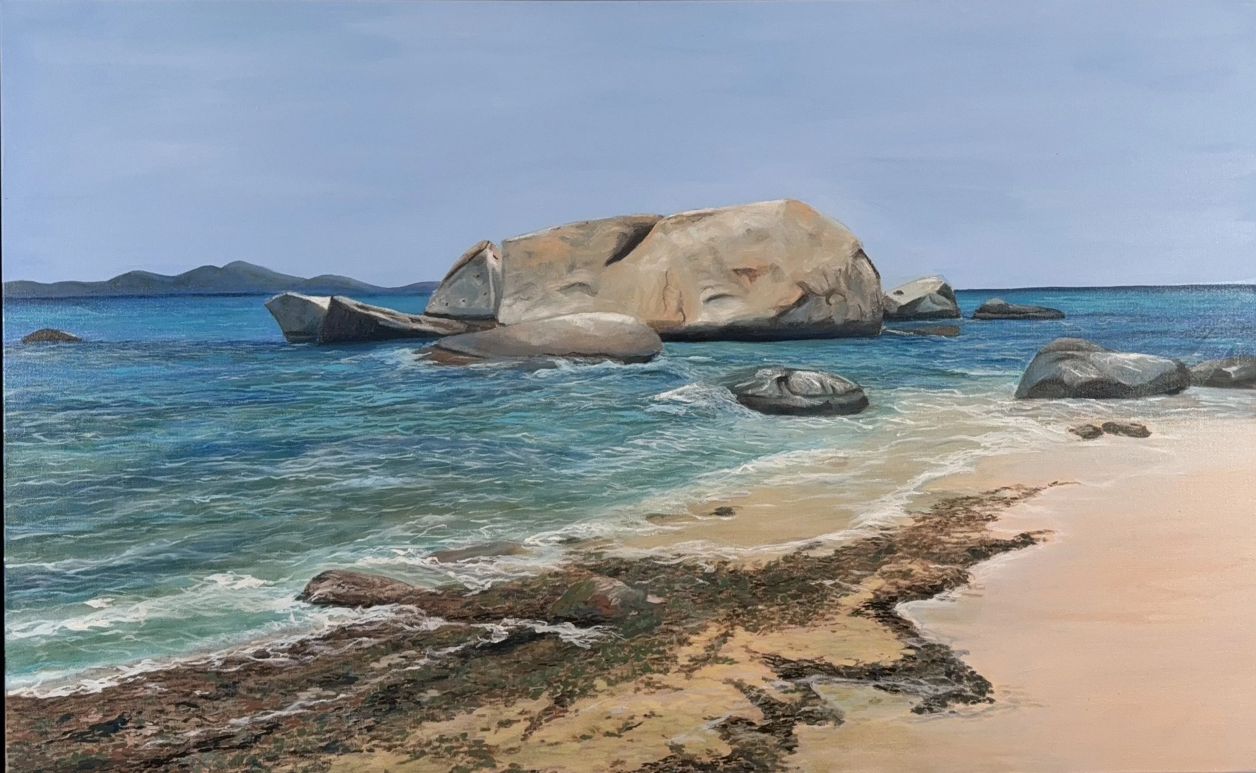 Untitled (The Baths) IX, a painting of granite boulders, turquoise water and pale sand at the Baths of Virgin Gorda by Debbie Lindsey