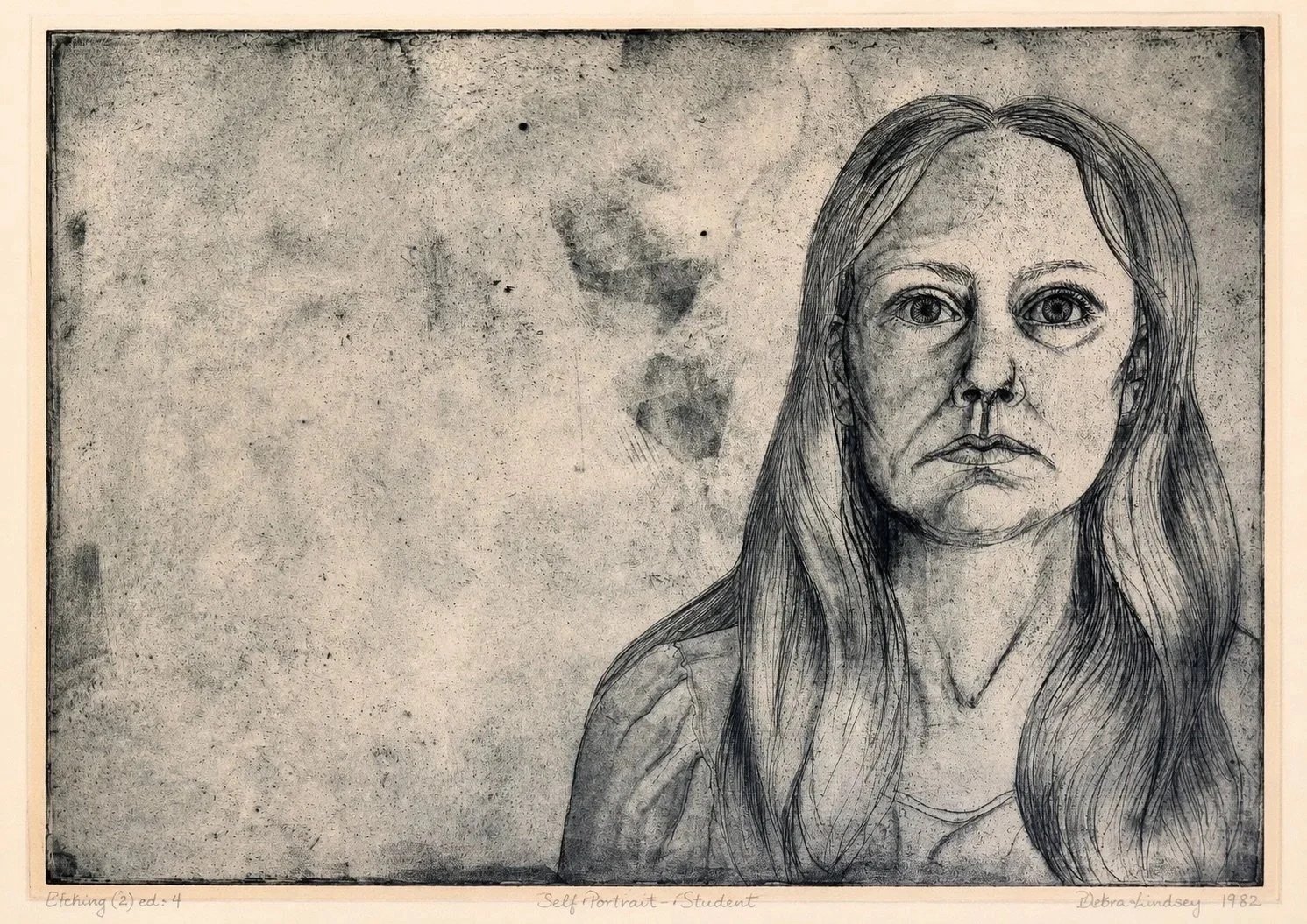 Black-and-white self-portrait print created by Debbie Lindsey as a young artist