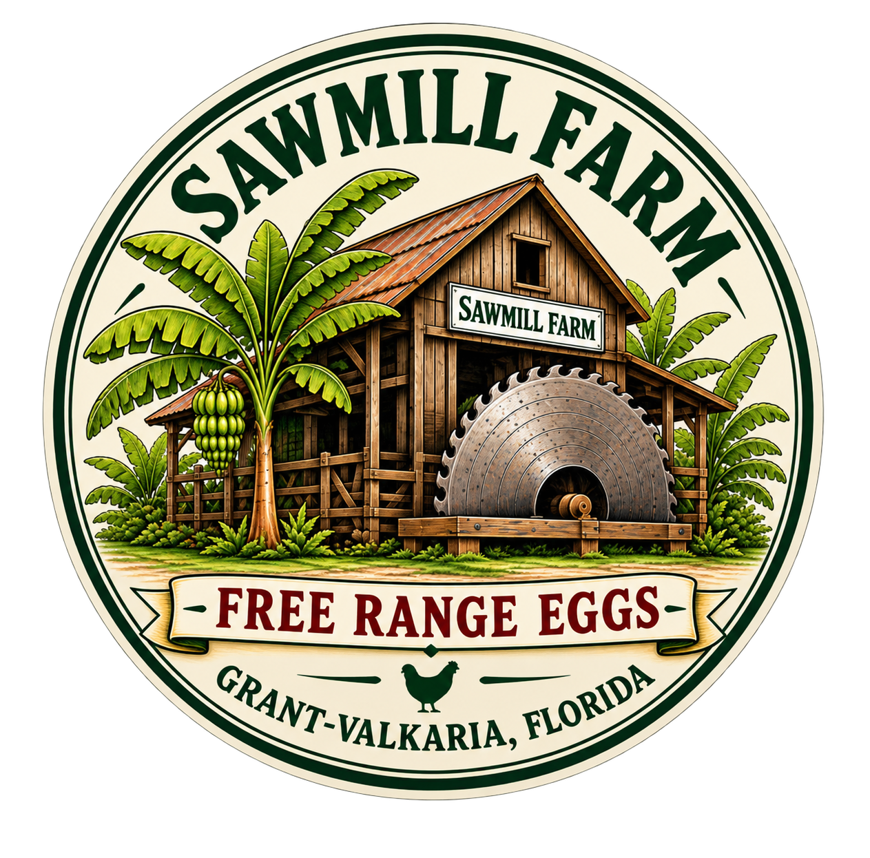 Sawmill Farm Free Range Eggs logo for Grant-Valkaria, Florida, featuring a historic sawmill and circular saw blade