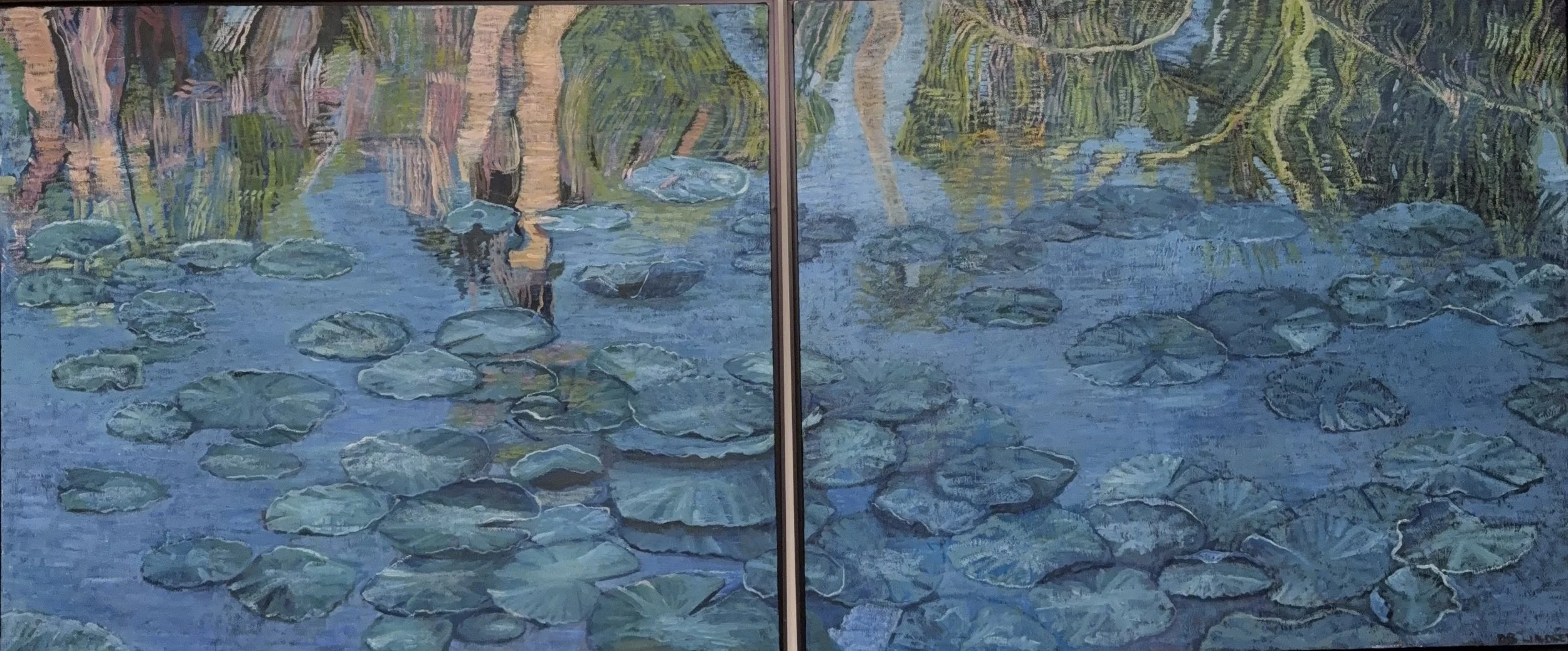 Sim’s Pond Diptych, a two-panel painting of lily pads and reflections by Debbie Lindsey