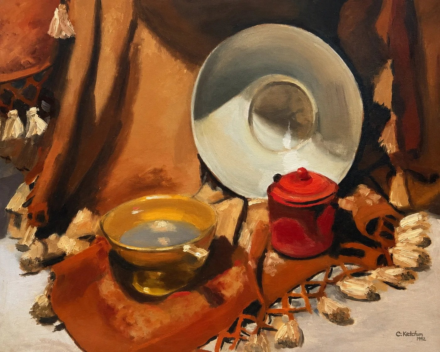 Untitled 1992 oil painting of bowls, pottery and a metal basin arranged against warm drapery by Caroline Ketchum Lindsey