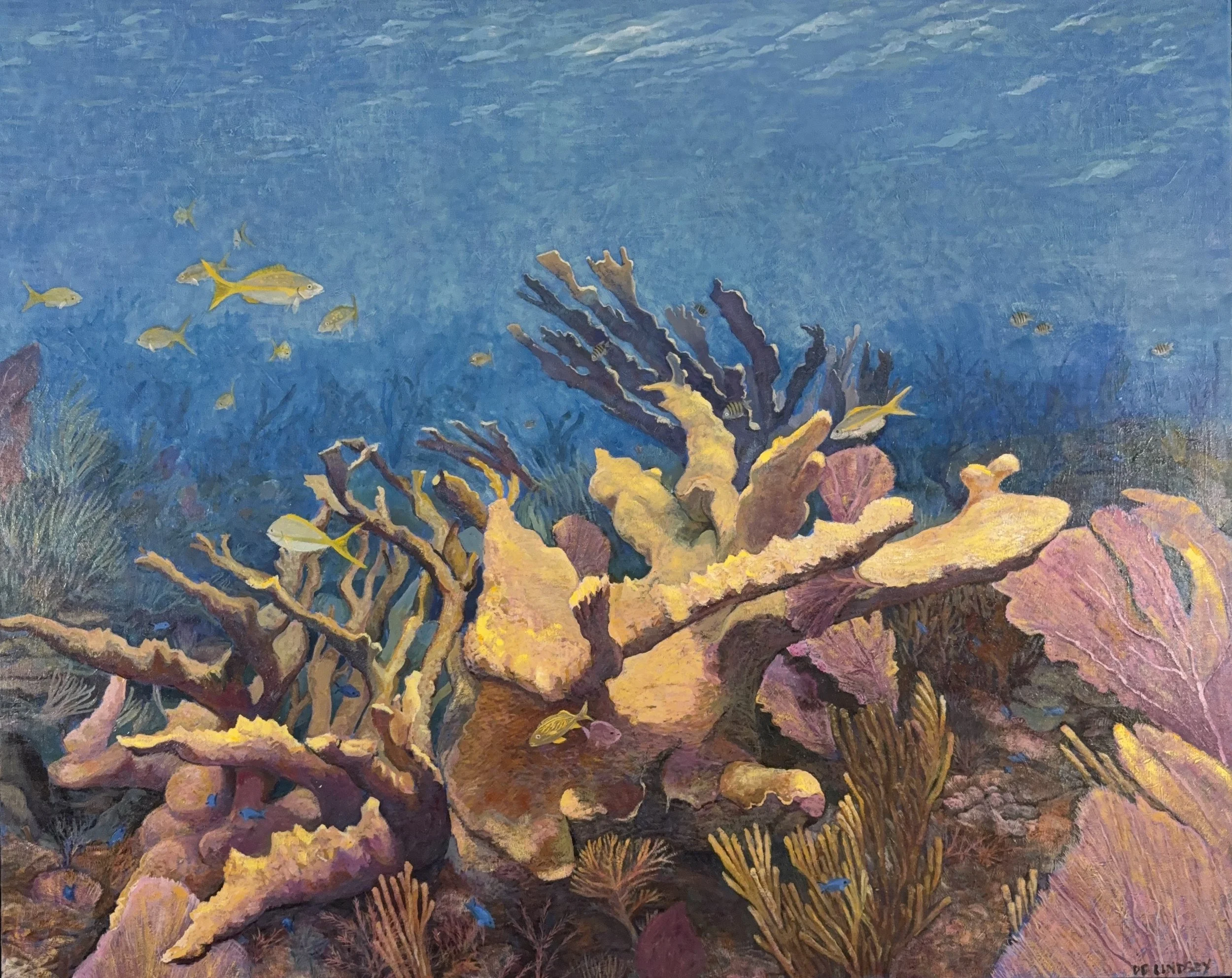 Untitled (Megan’s Underwater Photograph), an underwater coral reef painting by Debbie Lindsey based on a photograph taken while snorkeling in the Abacos, Bahamas