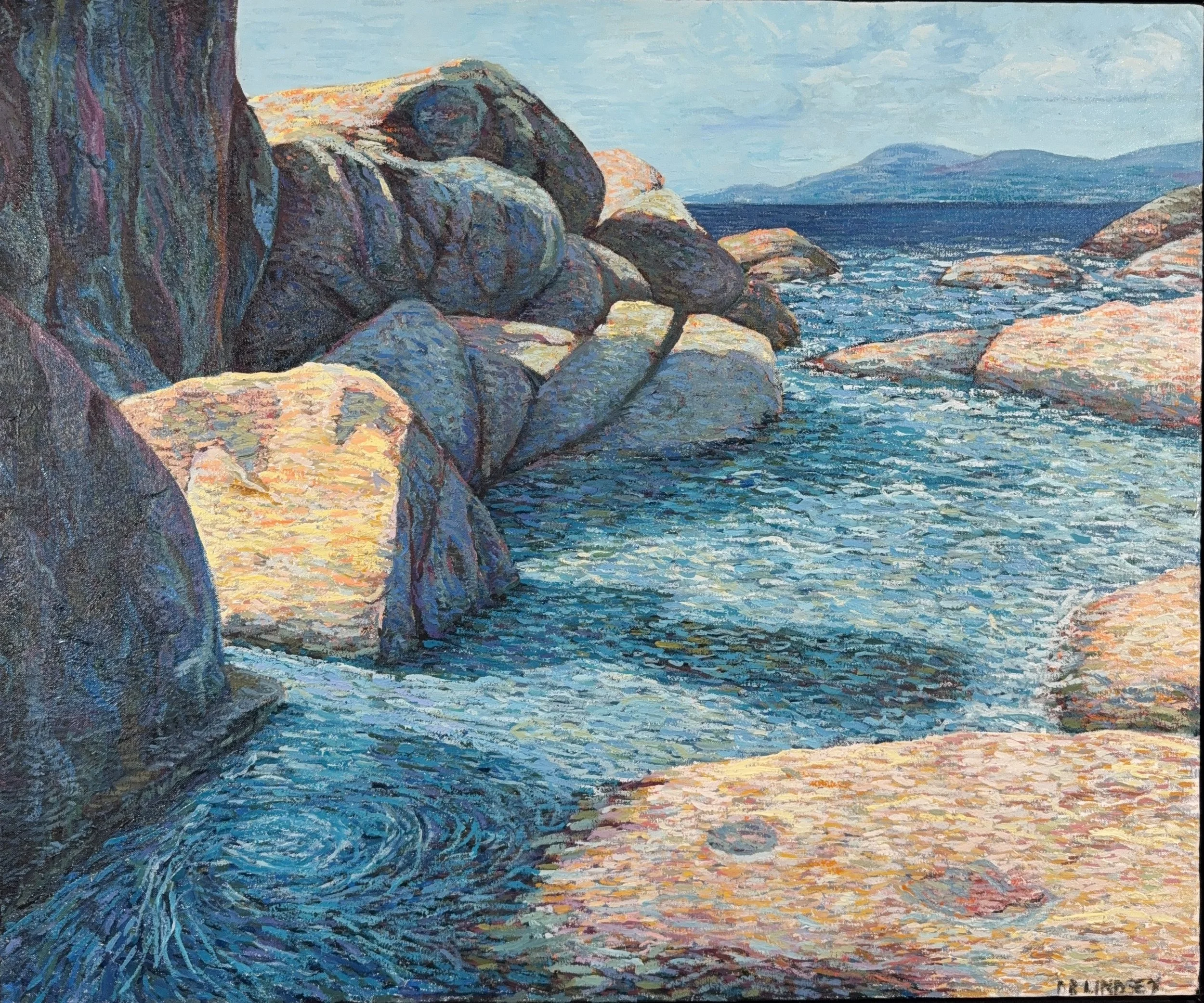 Untitled (The Baths) III, a Pointillist-style coastal painting of rocks and blue water at the Baths of Virgin Gorda by Debbie Lindsey