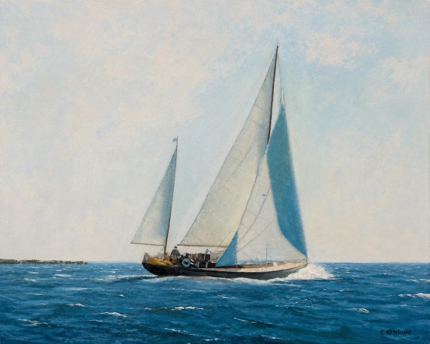 Untitled oil painting of a sailboat with white sails on blue water by Caroline Ketchum Lindsey