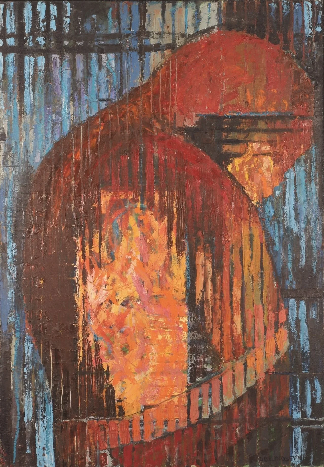 Rage, an expressive red, orange and black abstract painting by Debbie Lindsey