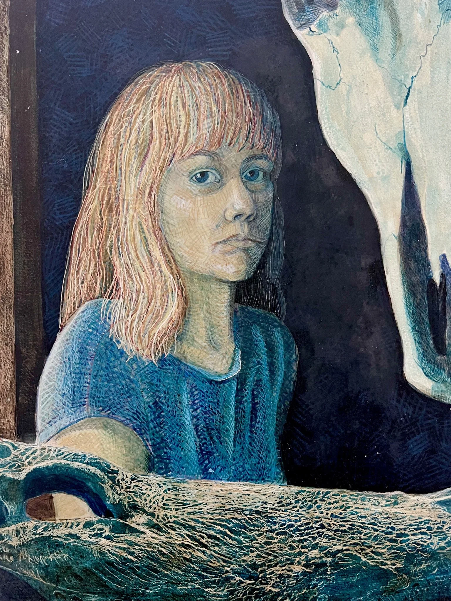 Egg tempera student self-portrait by Debbie Lindsey incorporating a cow skull and an alligator skull