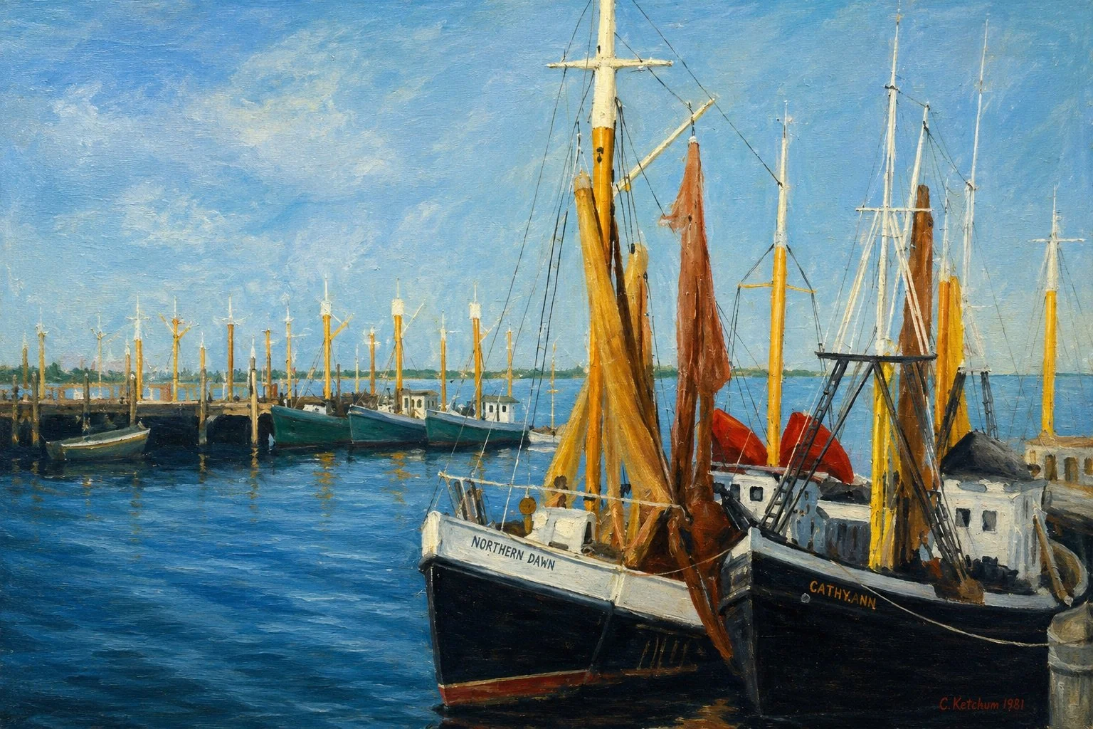 Untitled 1981 oil painting of working boats in a harbor by Caroline Ketchum Lindsey