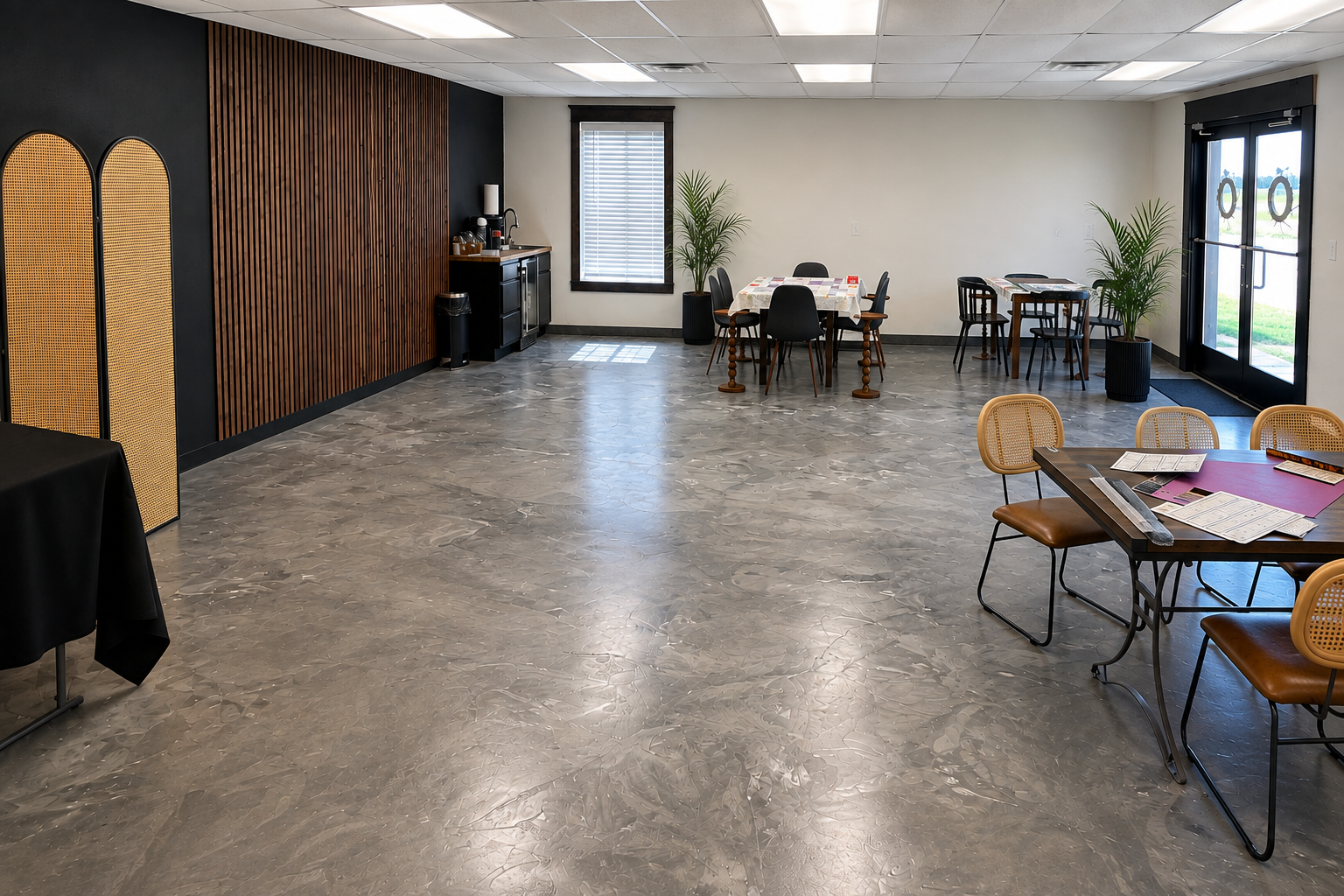 Empty event room with tables, chairs, potted plants, and a drink station, featuring a polished concrete floor, large window, and glass door.
