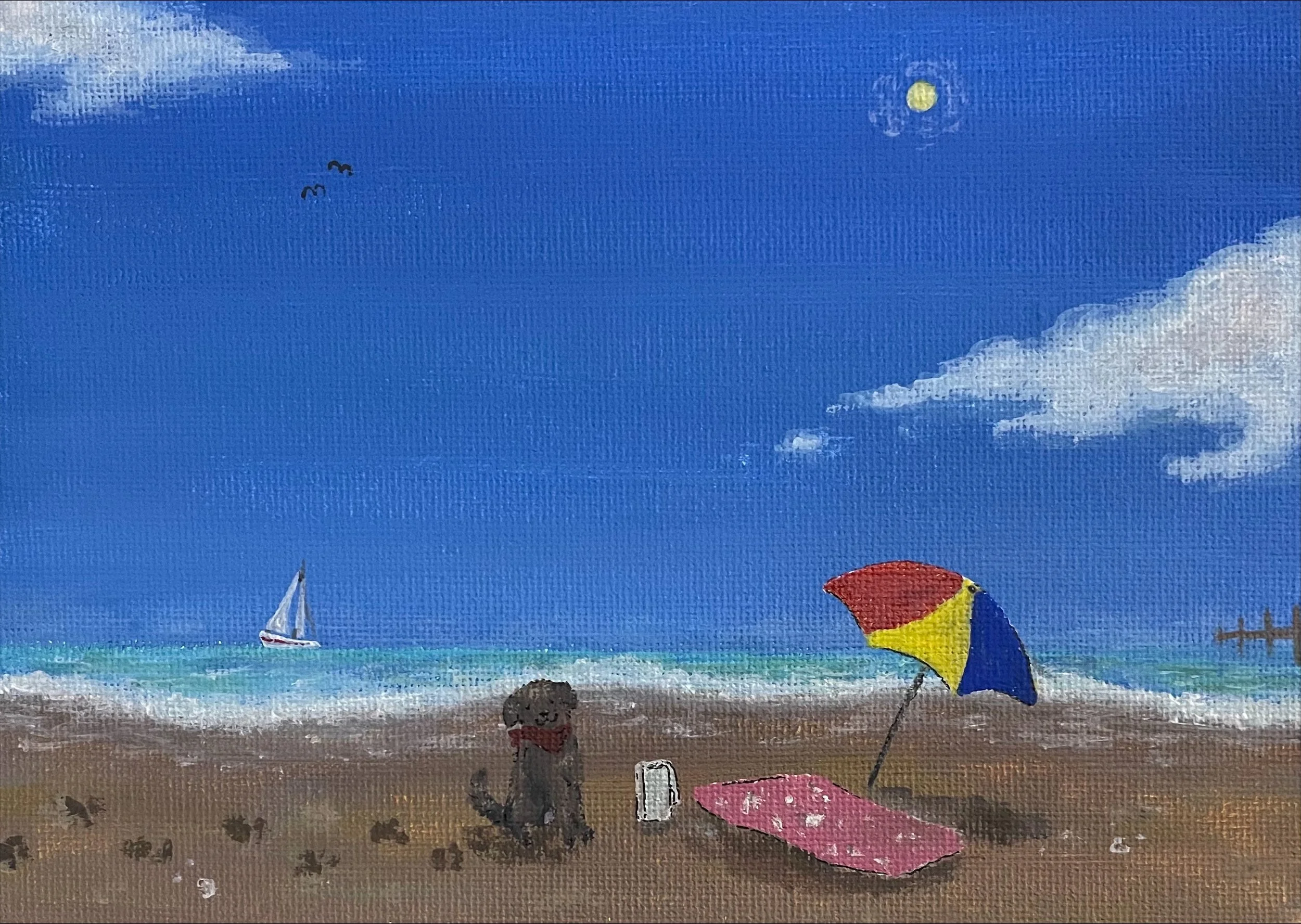 Beach painting with a Chocolate Labrador, acrylic
