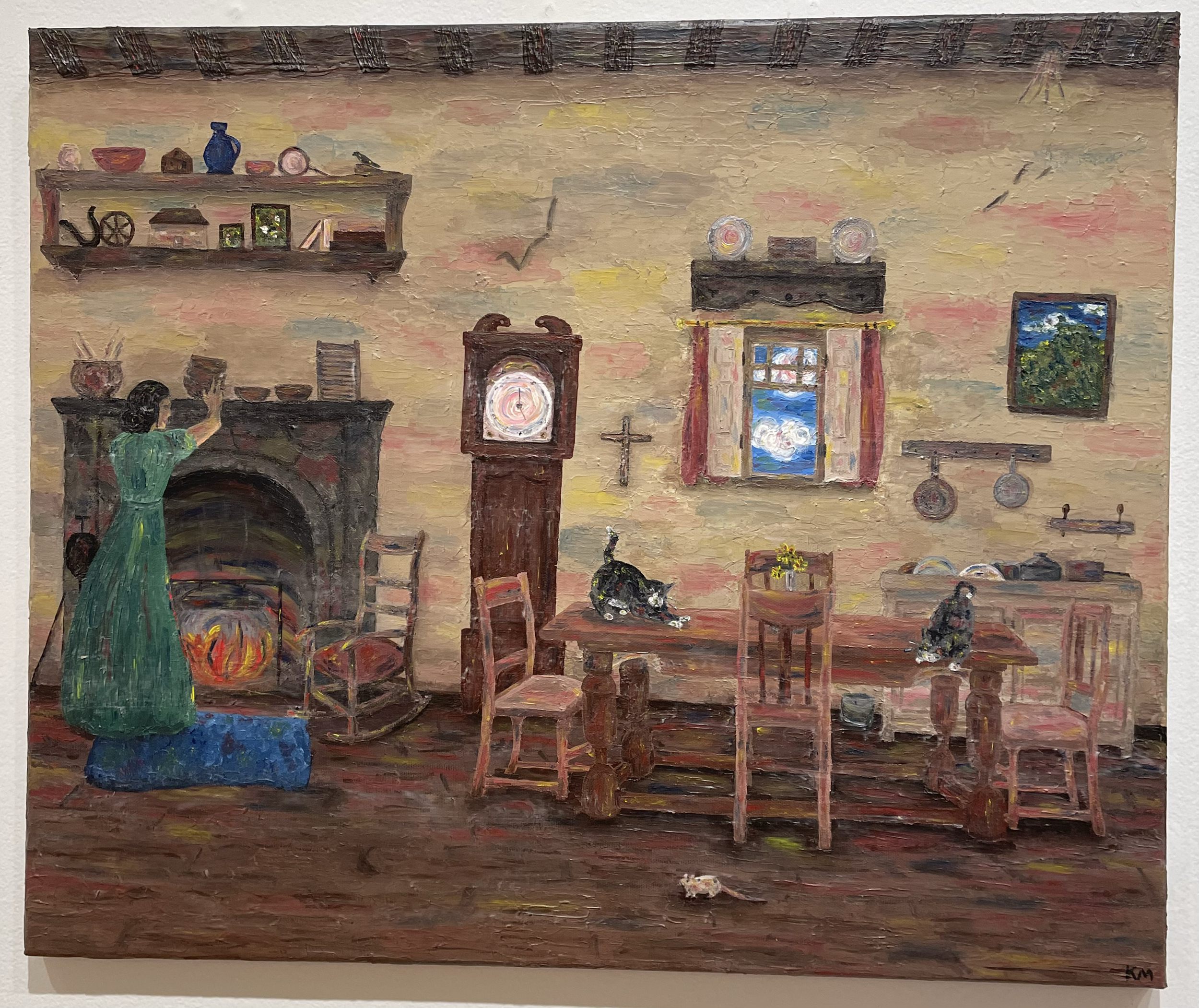 A mother in the kitchen with two cats, acrylic 