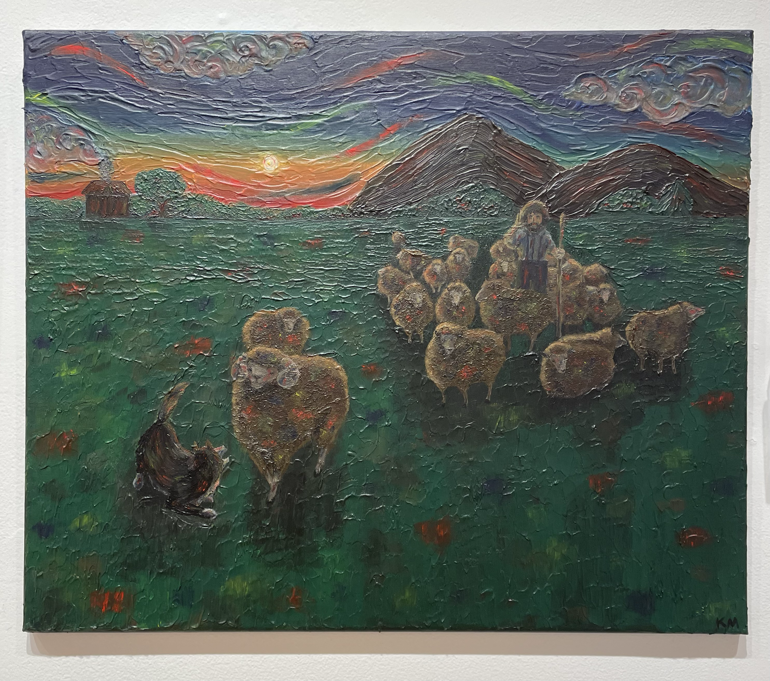 A man herding sheep with his dog, acrylic 