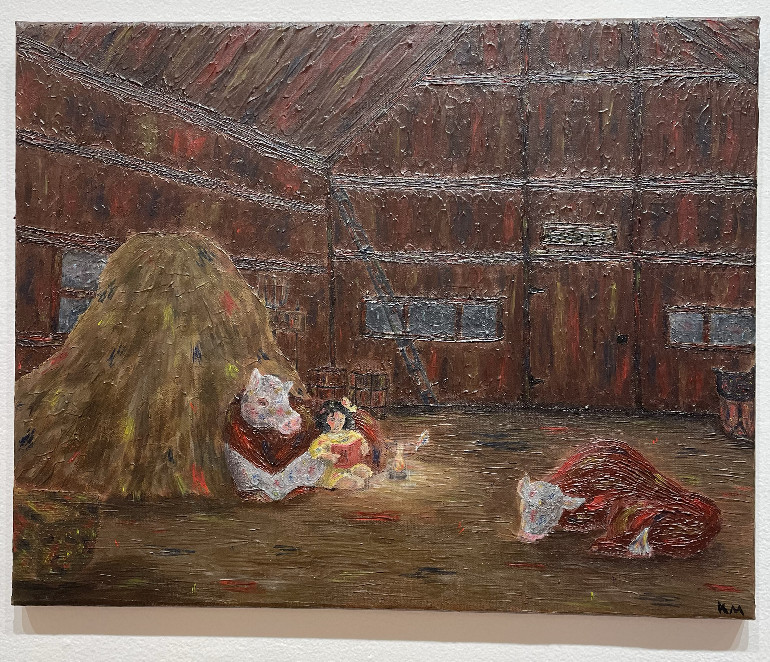 A girl resting with two cows, acrylic
