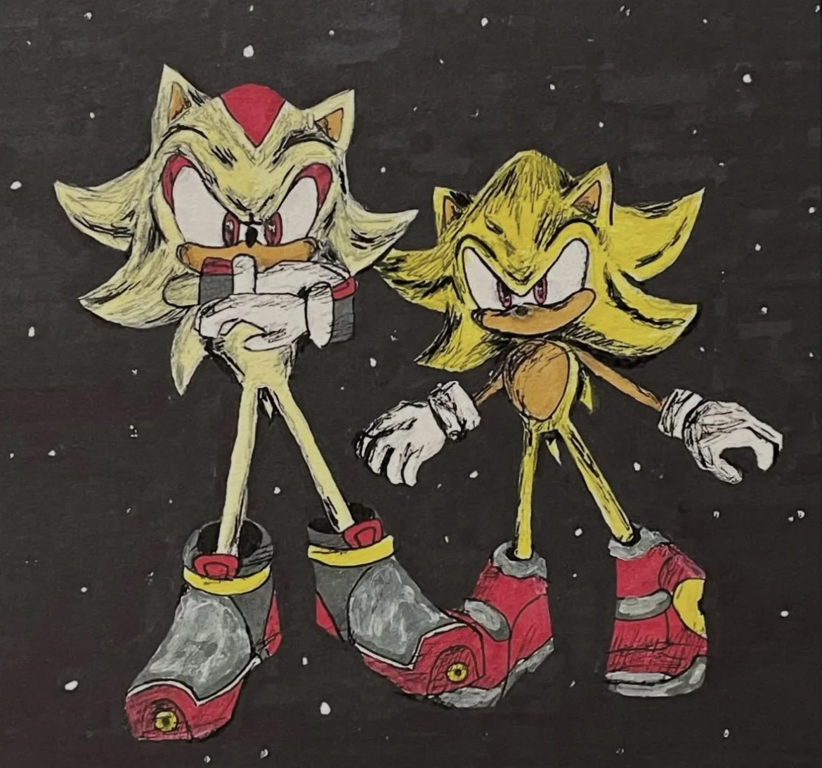 Shadow and Sonic, redraw from a scene (Sonic Adventure 2), ink and alcohol marker