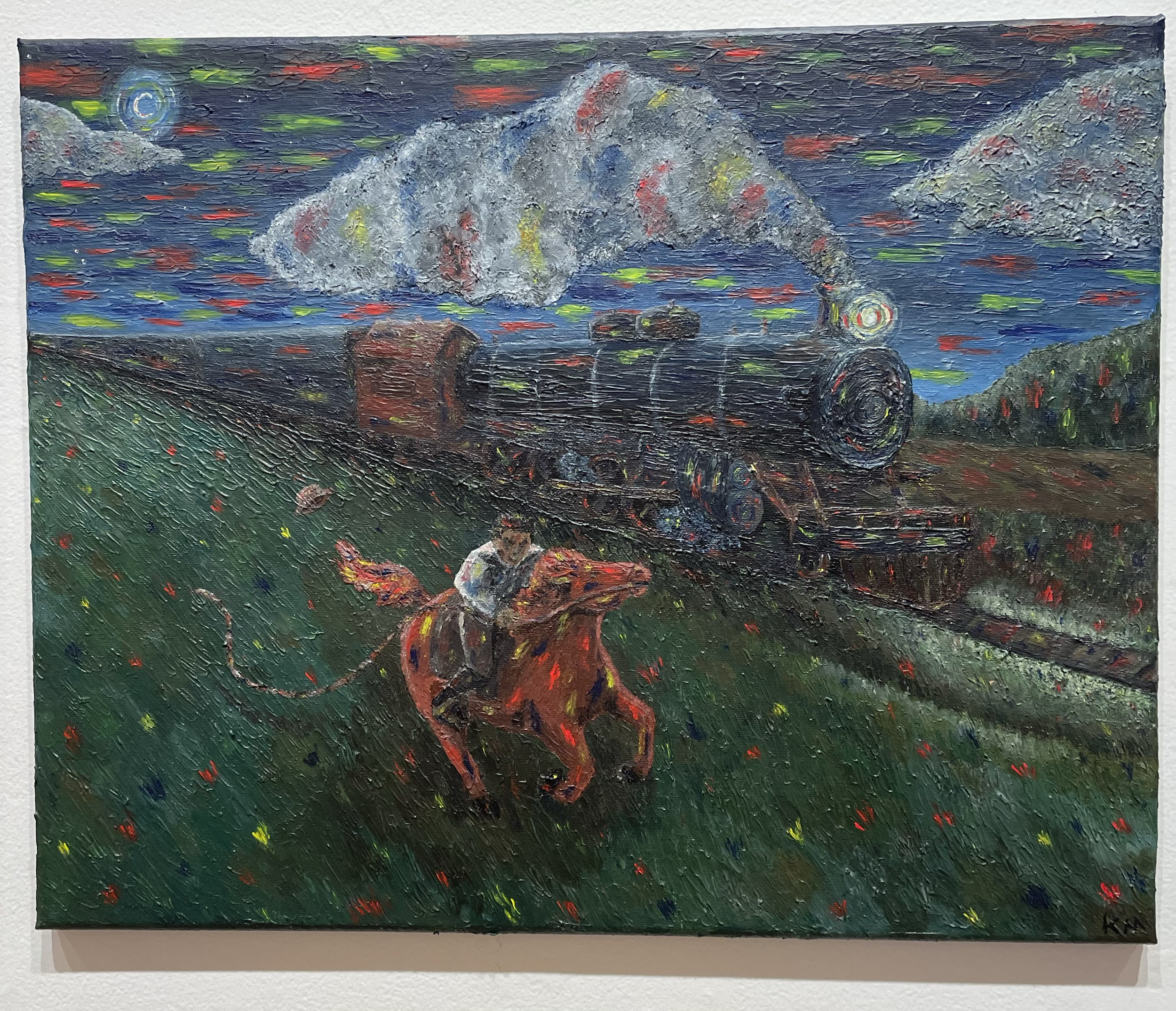 A boy riding his horse against a train, acrylic