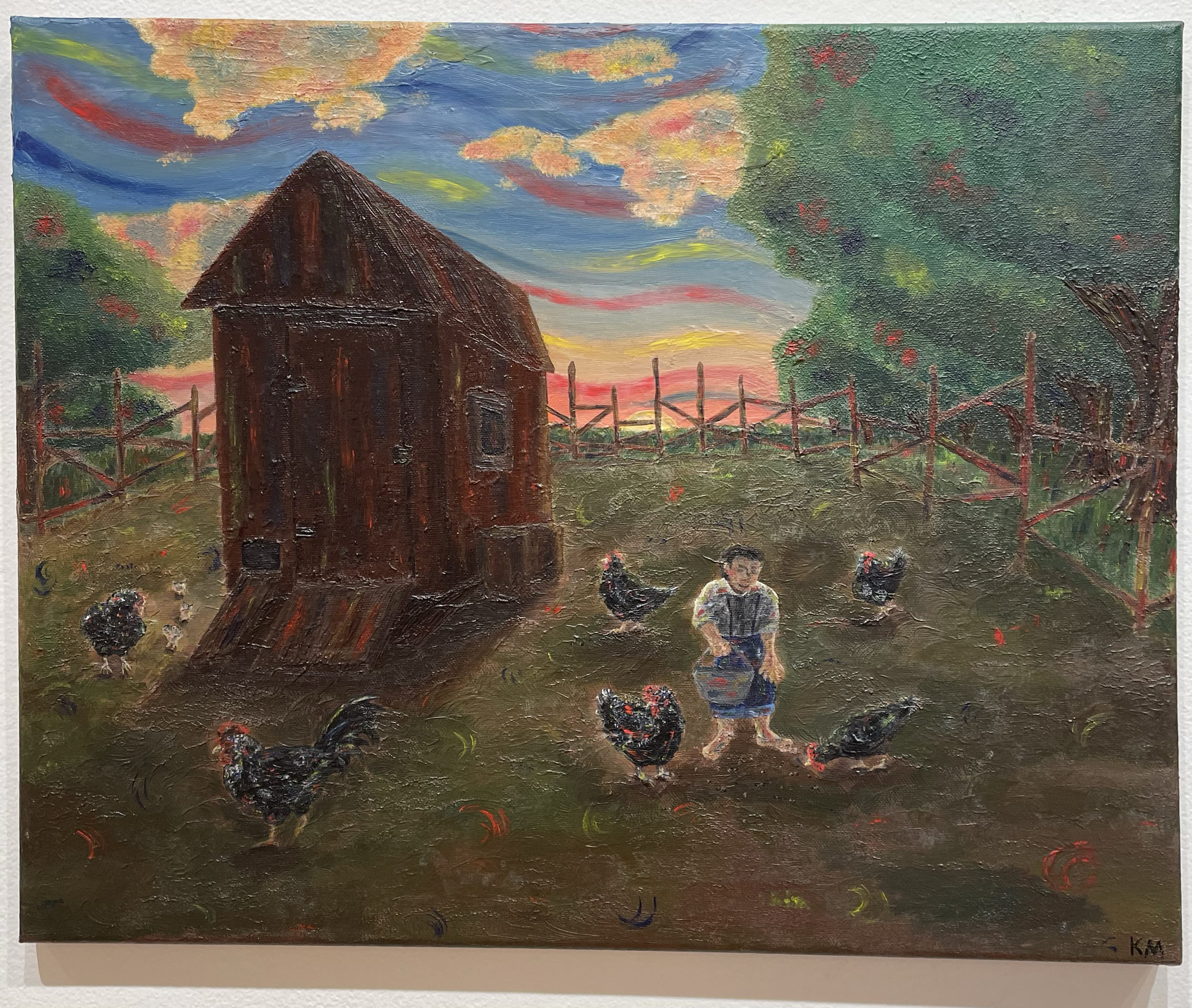 A boy feeding chickens, acrylic