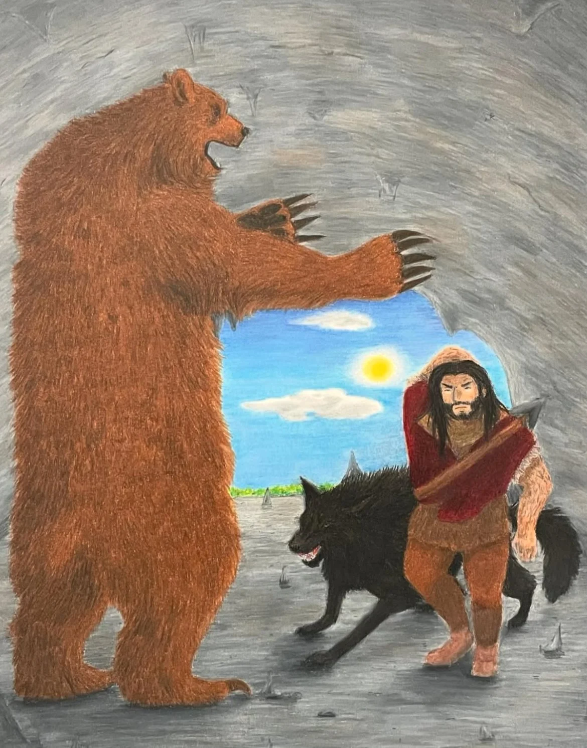 Man, wolf, and bear, colored pencil