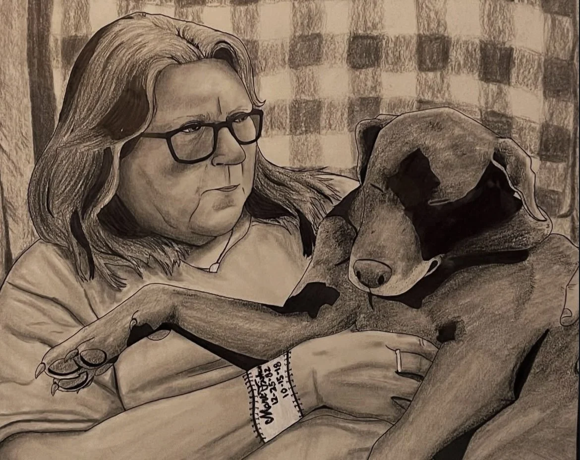 My grandma and Josie, figure drawing, charcoal and ink