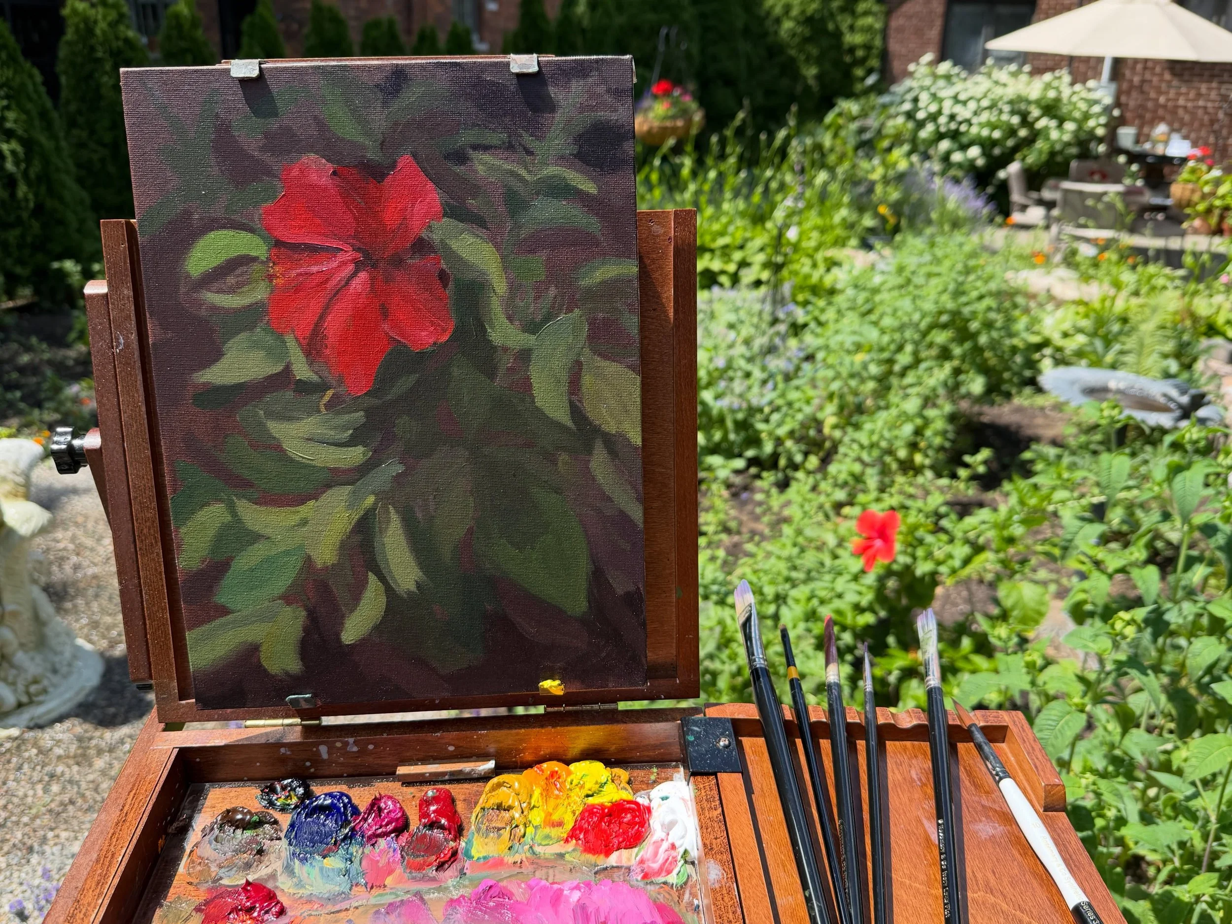 Hibiscus plein air painted during the 2026 Grosse Pointe Garden Show. 9x12 oil