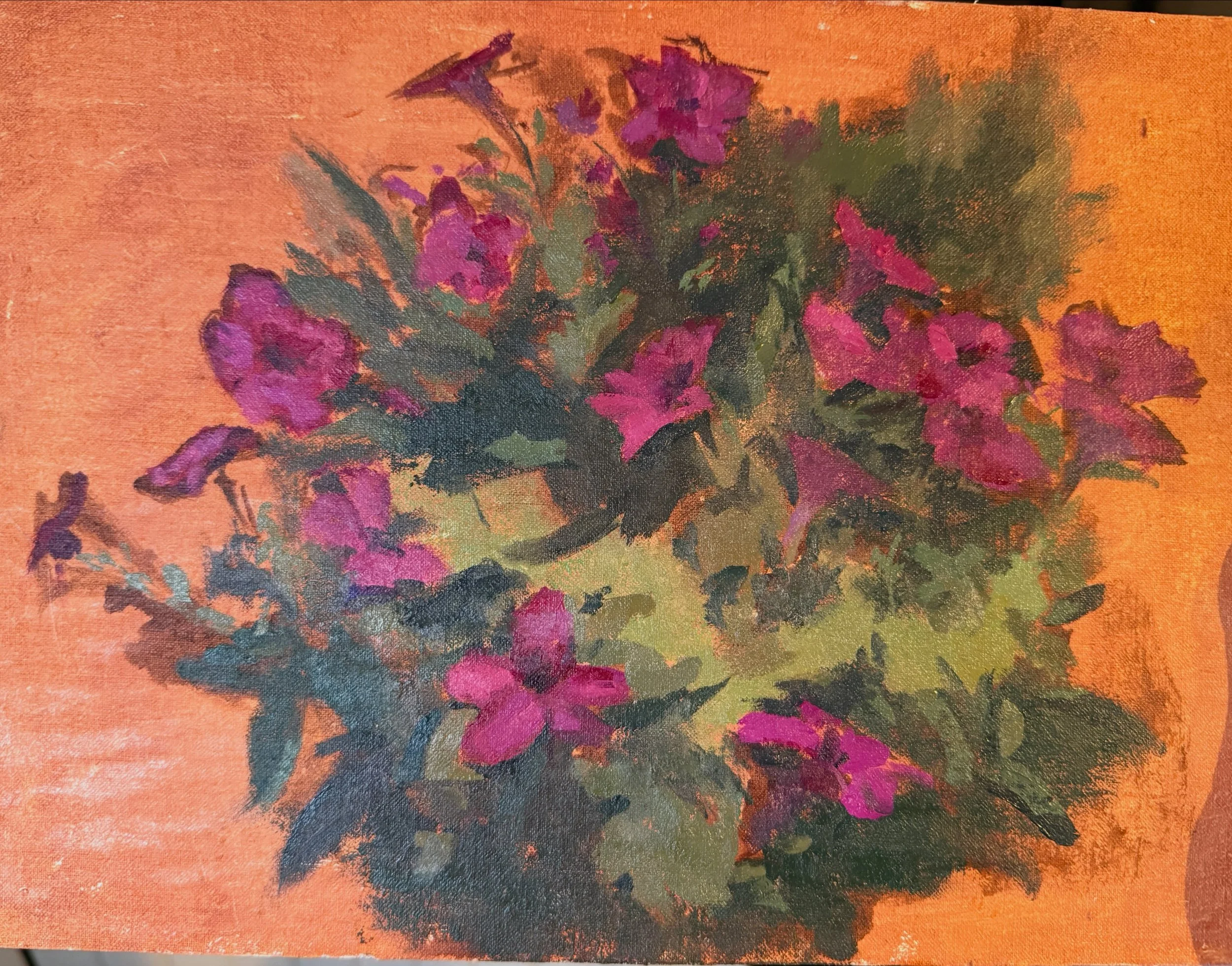 12x9 oil plein air of some petunias. Painted during the 2026 Grosse Pointe Garden Show